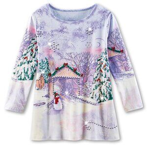 New XXL Snowman Bridge Sparkling Sequin Christmas Holiday 3/4 Sleeves Knit Top